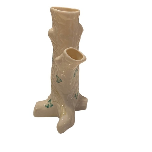 Vintage Belleek Ireland Porcelain Shamrock Triple Trunk Tree Shape Bud Vase - Picture 3 of 13